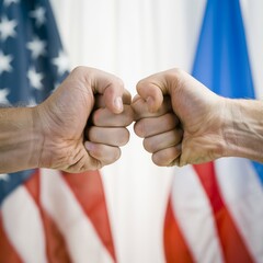 Wall Mural - Conflict between USA and Russia, male fists - governments conflict concept