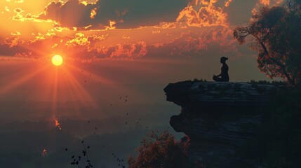 Meditation with an orange sky behind a person meditating on a rock.