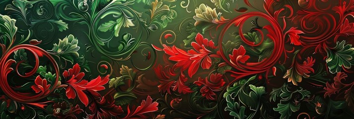 Wall Mural - Abstract red and green background with intricate, swirling mistletoe patterns