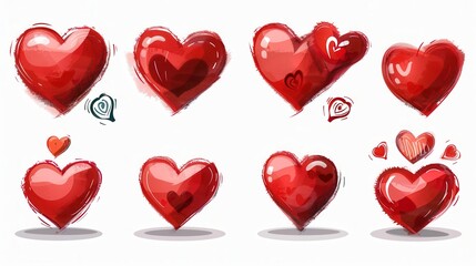 Poster - A collection of eight red heart illustrations, each with a unique style and pose. Generative AI