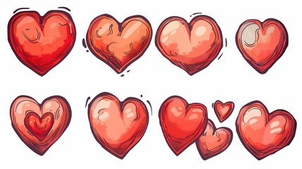 Poster - A collection of hand-drawn red hearts in various styles and poses. Generative AI