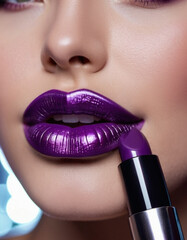 A close-up of a woman lips, featuring shimmering purple lipstick that adds a touch of sparkle. Lips are slightly parted, revealing a glimpse of white teeth. Sensuality and sexuality. AI generated