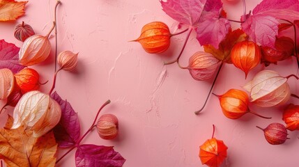 Wall Mural - Physalis berries on pink background in autumn setting