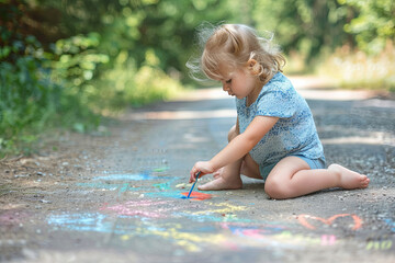 A young barefoot child drawing with chalk on a sunny summer day
