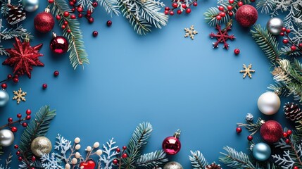 Canvas Print - Handmade Christmas banner with festive decorations on blue background