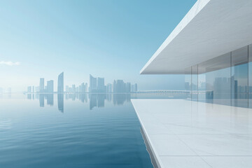 Wall Mural - Modern buildings by the lake. The modern urban skyline is in the background.