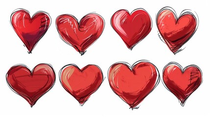 Poster - A set of eight hand-drawn red hearts in various styles, isolated on a white background. Generative AI