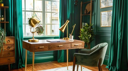 A chic home office with emerald green curtains and gold desk accessories