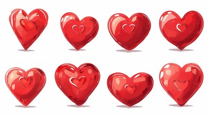 Poster - Eight stylized red hearts in different poses and styles on a white background. Generative AI