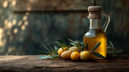 Olive oil and olive twig on a table