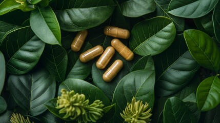 Top view of herbal capsules on leaf and tree for healthy eating