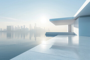 Wall Mural - Modern buildings by the lake. The modern urban skyline is in the background.