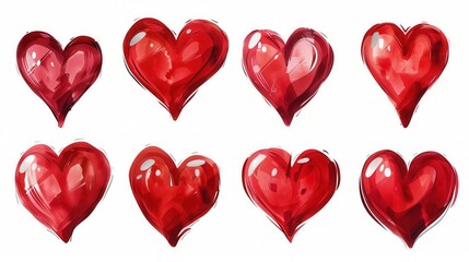 Poster - A collection of eight red heart illustrations in different styles, all rendered in a watercolor-like fashion. Generative AI