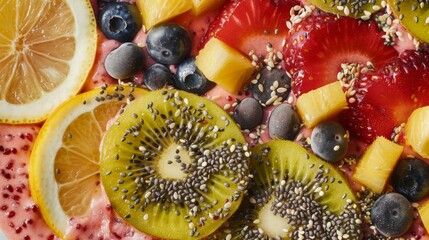 Wall Mural - A close-up shot of a vibrant smoothie bowl featuring slices of kiwi, lemon, strawberries, and pineapple