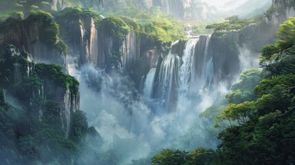 Poster - A Majestic Waterfall Cascading Through Misty Mountain Cliffs