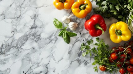 Wall Mural - A flat lay showcasing vibrant bell peppers, fresh basil, and garlic cloves arranged on a large, gray marble surface