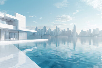 Wall Mural - Modern buildings by the lake. The modern urban skyline is in the background.