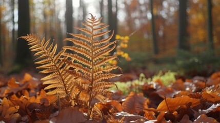 Sticker - A dry fern plant in the woods, with a natural forest background and autumn leaves