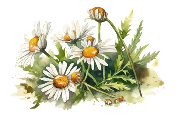 Wall Mural - Chamomile background. Watercolor vector flowers. Botanical illustration. Wild bouquet.