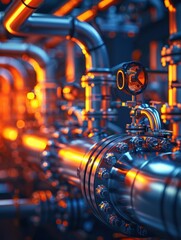 Canvas Print - Closeup of industrial piping with glowing lights. AI.