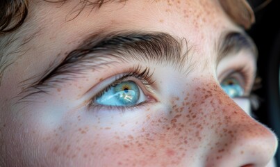 Poster - A close-up of a person's eye with freckles. AI.