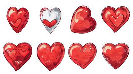 Poster - A collection of eight red heart illustrations, each with a unique style, including simple, detailed, and layered designs. Generative AI