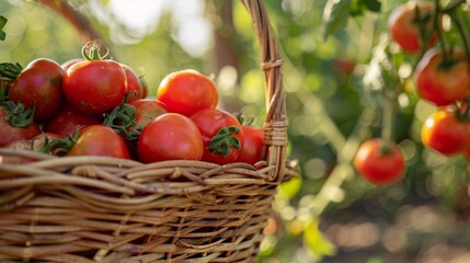 Poster - A wicker basket overflows with plump, ripe tomatoes, harvested from a nearby garden. The vibrant red color of the tomatoes contrasts with the lush green foliage of the garden