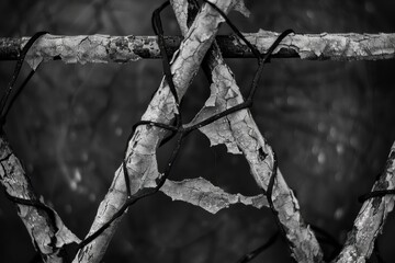 Poster - A close-up of a weathered branch with peeling bark. AI.