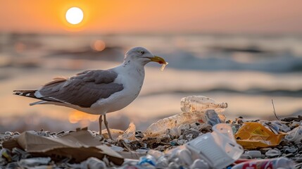 Wall Mural - A seagull stands on a beach littered with plastic waste. AI.