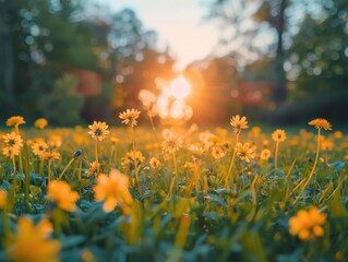 Sticker - A field of yellow wildflowers bathed in the golden glow of sunset. AI.