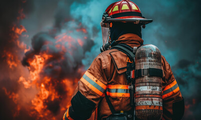 Wall Mural - A firefighter in full gear stands before a blaze. AI.