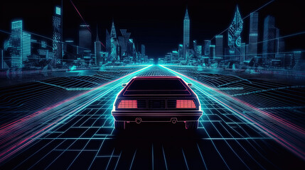 Poster - Car ride on the neon road in 80s retro synthwave style.