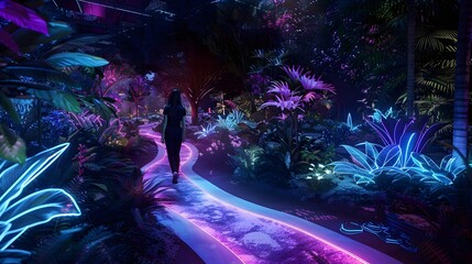 Neon Glow Path in a Dreamy Tropical Forest