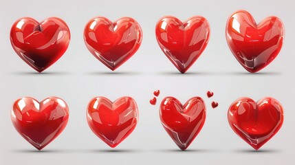 Poster - A collection of eight red heart illustrations, each with a unique style and pose. The hearts are rendered in a 3D style and have a glossy finish. Generative AI