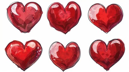 Poster - A collection of six red hearts drawn in different styles and poses on a white background. Generative AI