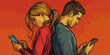 © IndigoElf - A man and a woman embrace each other and stare into their phone screens. Creative concept of internet addiction to smartphones and social networks.