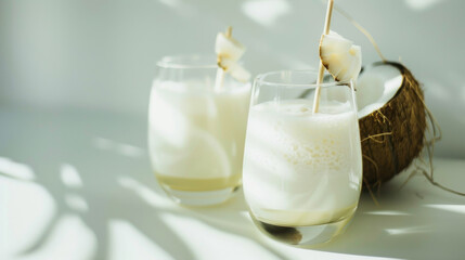 Two coconut drinks in frosted glasses with white coconut garnishes sit on a sun-drenched surface, complemented by a halved coconut.