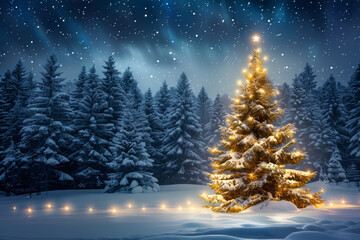 Christmas and winter holiday marketing background, with winter and christmas tree themes, christmas ornaments and presents, snowy vibes.