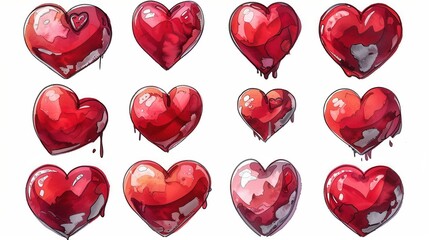 Poster - A collection of twelve red heart illustrations in various poses and styles, including dripping hearts. Generative AI