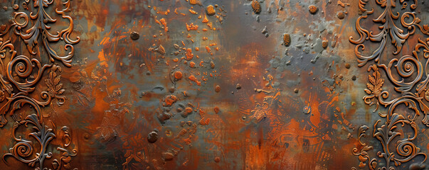 A vintage metal background with deep rust and intricate, aged patterns.