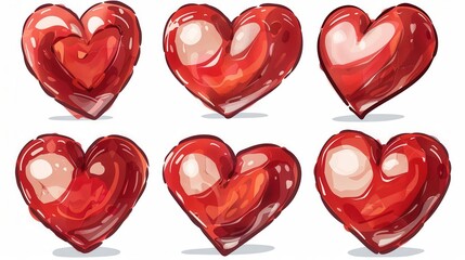 Poster - A collection of six red hearts, each rendered in a unique watercolor style and posed in a different way. Generative AI
