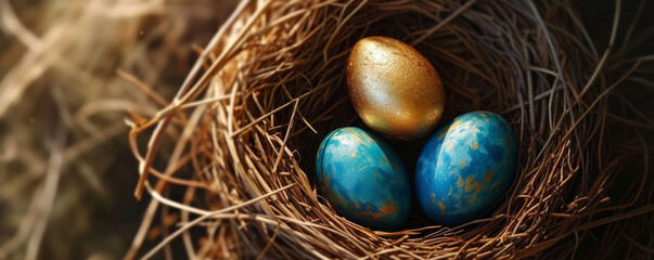 Golden and blue eggs in a bird's nest, close up. Easter and spring concept