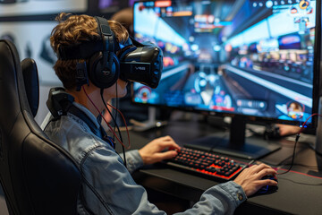 People playing in a range of environments with VR headsets and on consoles