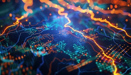 Illuminated lightning patterns representing global stock market data flow on a high-tech background.