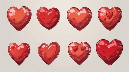 Poster - A collection of eight red heart illustrations, each with a unique style and pose. Generative AI