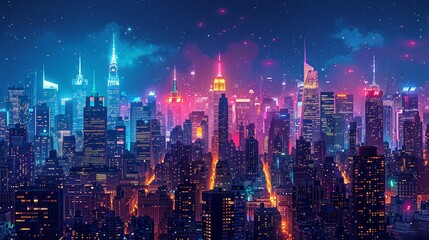 Canvas Print - Panoramic view of a bustling city at night, with glowing, colorful lights reflecting off sleek skyscrapers and creating a dynamic, vibrant urban landscape. Watercolor style, high resolution