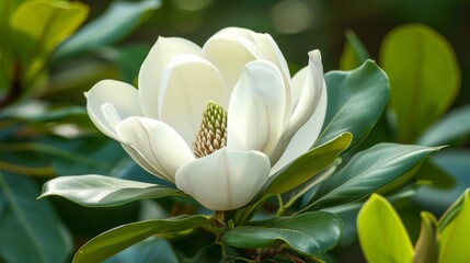 Poster - Magnolia flower in full bloom, with its large, white petals and glossy green leaves