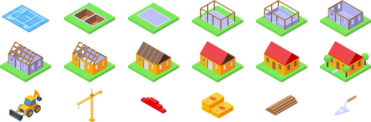 Poster - Unfinished house construction icons set. Building construction stages from foundation to finished house with building materials and equipment