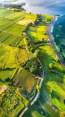 Wall Mural - Green fields and a winding road meet a tranquil lake