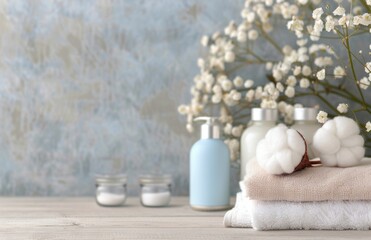 Wall Mural - Spa Products on Wooden Table With Bokeh Background